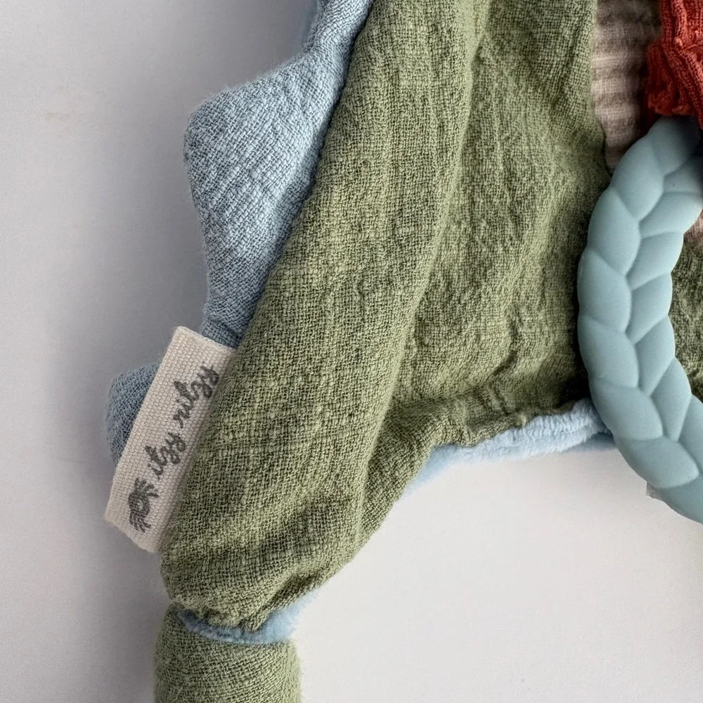 Itzy Ritzy Dino Muslin Lovey‎ Security Blanket with Silicone Teether Green Blue